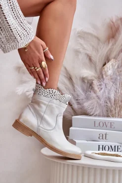 Niskie Botki Damskie Na Płaskim Obcasie Skórzane Lewski 3624 Złote Przecierane