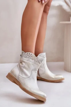 Niskie Botki Damskie Na Płaskim Obcasie Skórzane Lewski 3624 Złote Przecierane