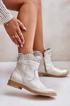 Niskie Botki Damskie Na Płaskim Obcasie Skórzane Lewski 3624 Złote Przecierane