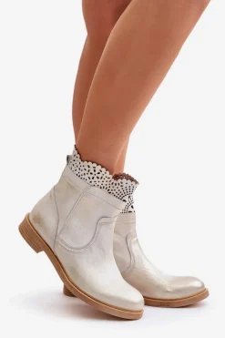 Niskie Botki Damskie Na Płaskim Obcasie Skórzane Lewski 3624 Złote Przecierane