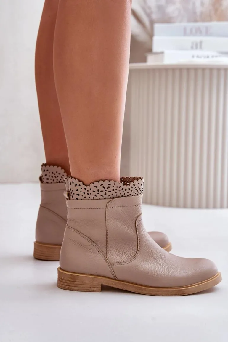 Niskie Botki Damskie Na Płaskim Obcasie Skórzane Lewski 3624 Beżowe