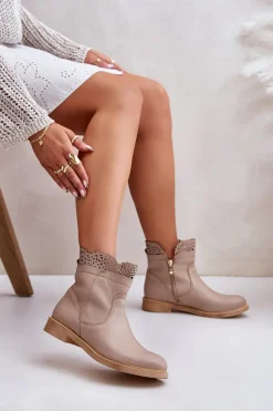 Niskie Botki Damskie Na Płaskim Obcasie Skórzane Lewski 3624 Beżowe
