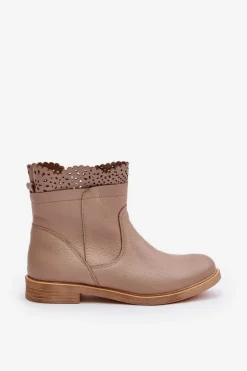 Niskie Botki Damskie Na Płaskim Obcasie Skórzane Lewski 3624 Beżowe