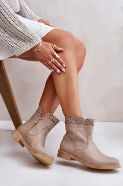 Niskie Botki Damskie Na Płaskim Obcasie Skórzane Lewski 3624 Beżowe