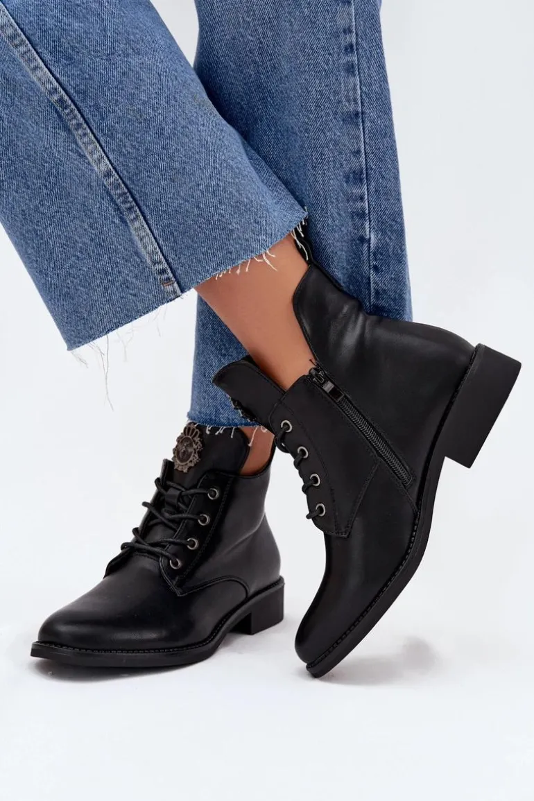 Niskie Botki Damskie Na Płaskim Obcasie Z Ozdobnym Detalem Ocieplane Czarne Cylira