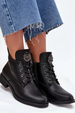 Niskie Botki Damskie Na Płaskim Obcasie Z Ozdobnym Detalem Ocieplane Czarne Cylira