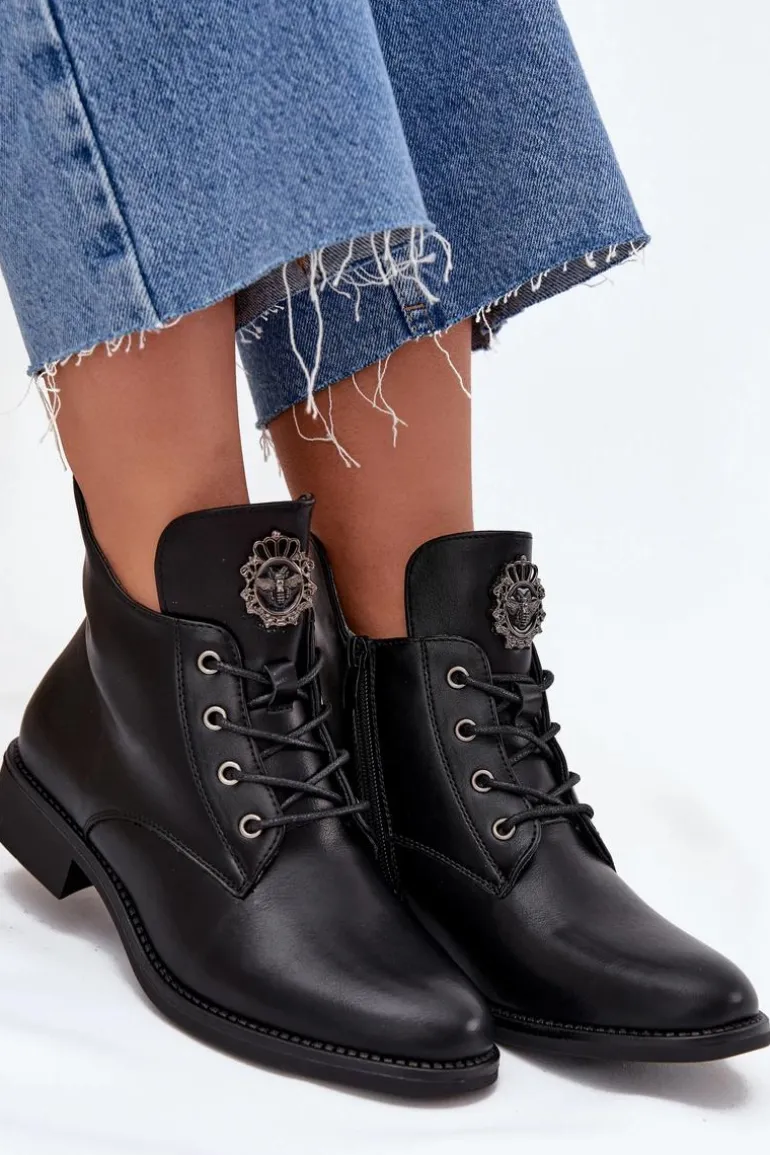 Niskie Botki Damskie Na Płaskim Obcasie Z Ozdobnym Detalem Ocieplane Czarne Cylira