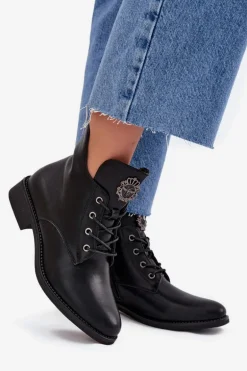 Niskie Botki Damskie Na Płaskim Obcasie Z Ozdobnym Detalem Ocieplane Czarne Cylira