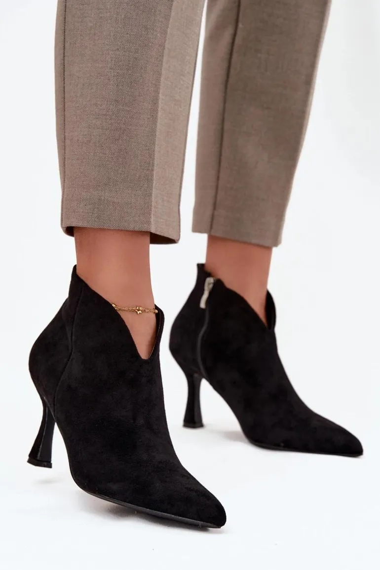 Niskie Botki Damskie Na Szpilce Eko Zamszowe Czarne Jolivra