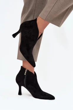 Niskie Botki Damskie Na Szpilce Eko Zamszowe Czarne Jolivra
