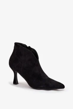 Niskie Botki Damskie Na Szpilce Eko Zamszowe Czarne Jolivra