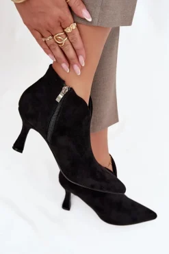 Niskie Botki Damskie Na Szpilce Eko Zamszowe Czarne Jolivra