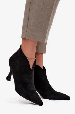 Niskie Botki Damskie Na Szpilce Eko Zamszowe Czarne Jolivra