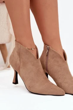 Niskie Botki Damskie Na Szpilce Eko Zamszowe Beżowe Jolivra