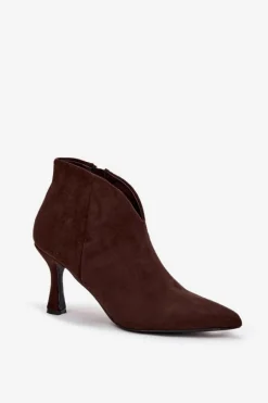Niskie Botki Damskie Na Szpilce Eko Zamszowe Czekoladowe Jolivra