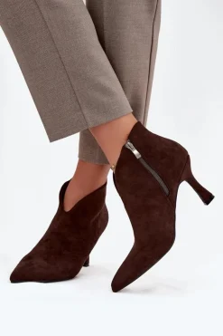 Niskie Botki Damskie Na Szpilce Eko Zamszowe Czekoladowe Jolivra