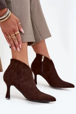 Niskie Botki Damskie Na Szpilce Eko Zamszowe Czekoladowe Jolivra