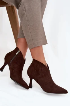 Niskie Botki Damskie Na Szpilce Eko Zamszowe Czekoladowe Jolivra