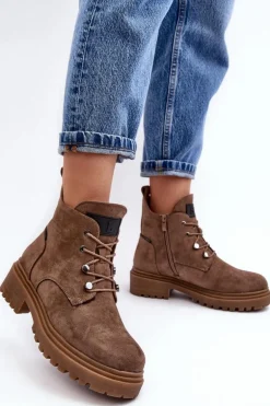 Niskie Botki Damskie Ocieplane Na Suwak Ciemnobeżowe Cameronia