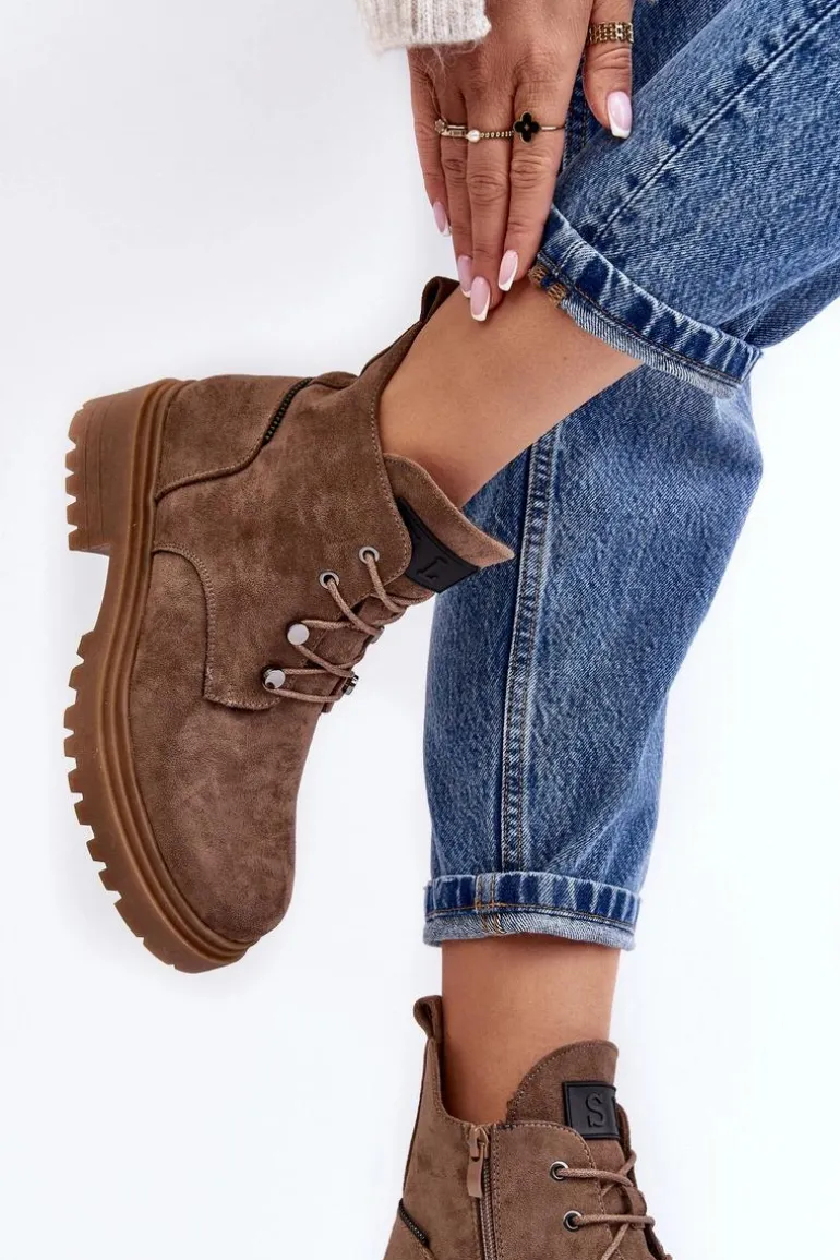 Niskie Botki Damskie Ocieplane Na Suwak Ciemnobeżowe Cameronia