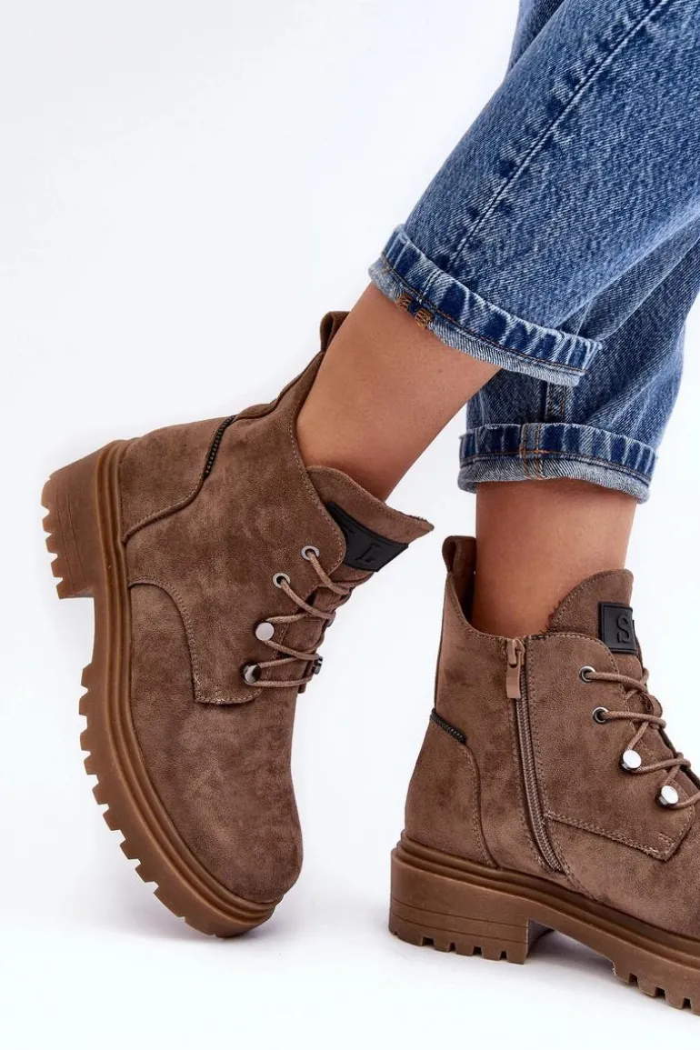 Niskie Botki Damskie Ocieplane Na Suwak Ciemnobeżowe Cameronia