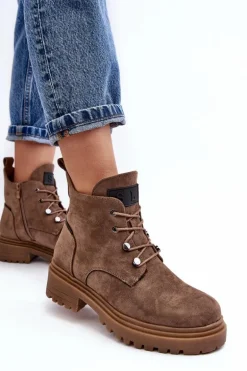 Niskie Botki Damskie Ocieplane Na Suwak Ciemnobeżowe Cameronia