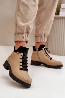 Niskie Botki Damskie Ocieplane Z Eko Skóry Beżowe Erisabelle