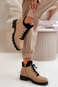 Niskie Botki Damskie Ocieplane Z Eko Skóry Beżowe Erisabelle