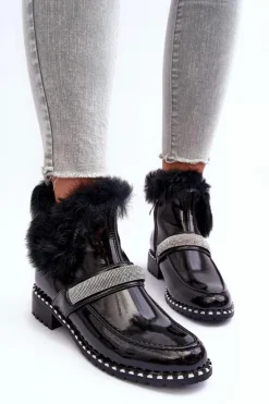 Niskie Botki Lakierowane Z Futerkiem I Ozdobą S.Barski MR870-74 Czarne