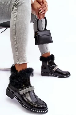 Niskie Botki Lakierowane Z Futerkiem I Ozdobą S.Barski MR870-74 Czarne