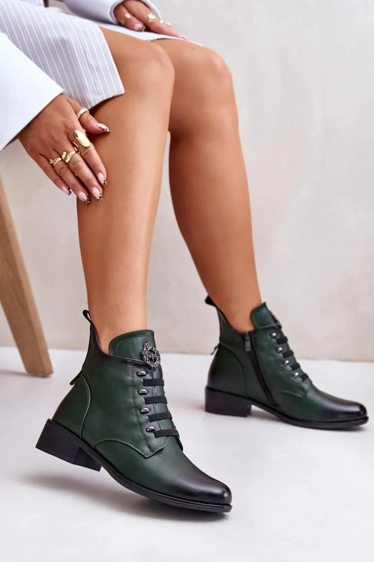 Niskie Botki Ocieplane Na Zamek Z Ozdobą Zielone Nevalia