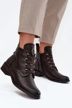 Niskie Botki Ocieplane Na Zamek Z Ozdobą Brązowe Nevalia