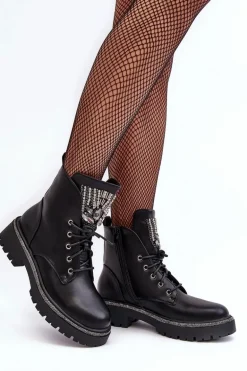 Niskie Botki Workery Z Biżuteryjną Ozdobą Czarne Melenope