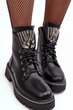 Niskie Botki Workery Z Biżuteryjną Ozdobą Czarne Melenope