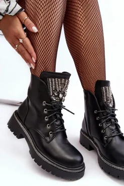 Niskie Botki Workery Z Biżuteryjną Ozdobą Czarne Melenope