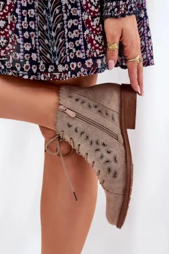 Niskie Botki Z Ażurowym Wzorem S.Barski HY51-185 Beżowe