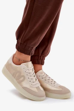 Niskie Buty Sportowe Damskie Z Eko Skóry Złoto-Beżowe Iladira