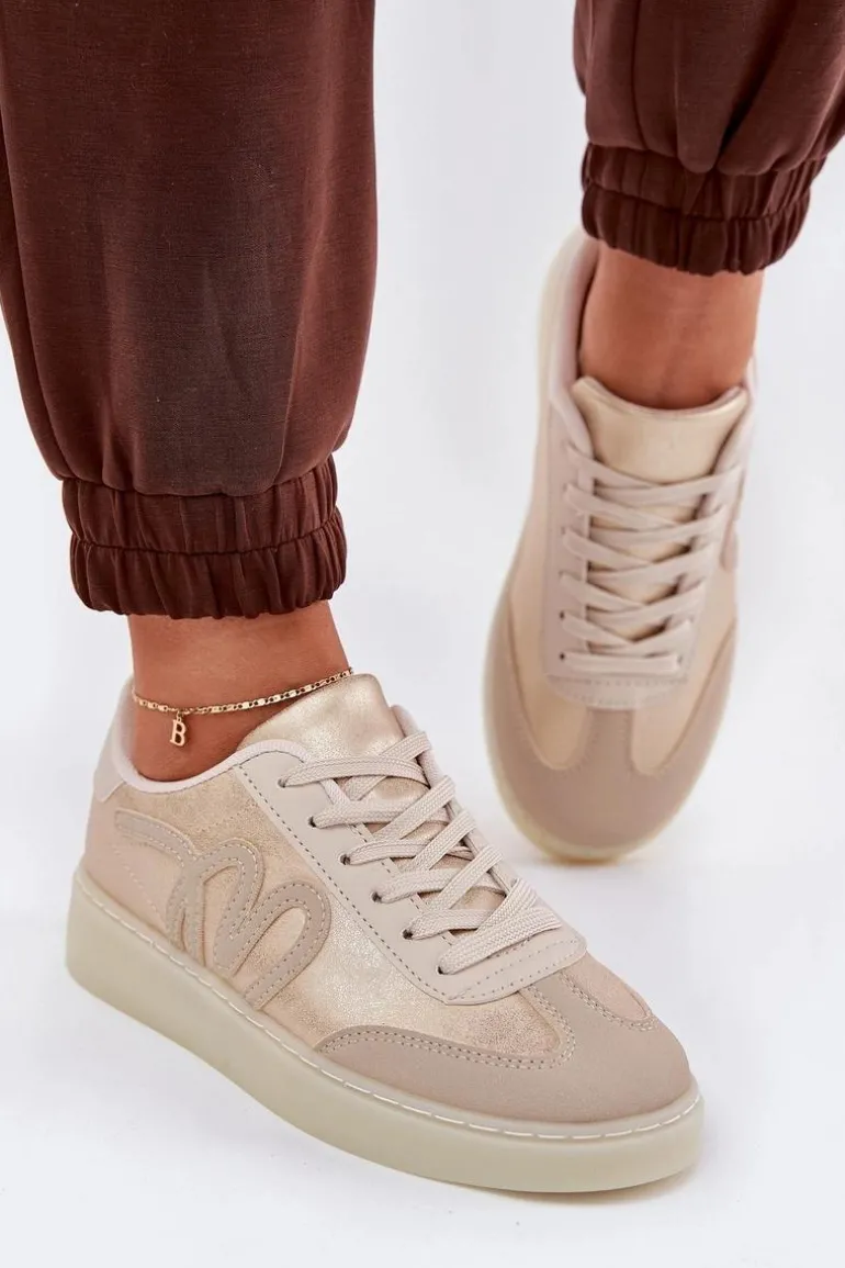 Niskie Buty Sportowe Damskie Z Eko Skóry Złoto-Beżowe Iladira