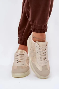 Niskie Buty Sportowe Damskie Z Eko Skóry Złoto-Beżowe Iladira