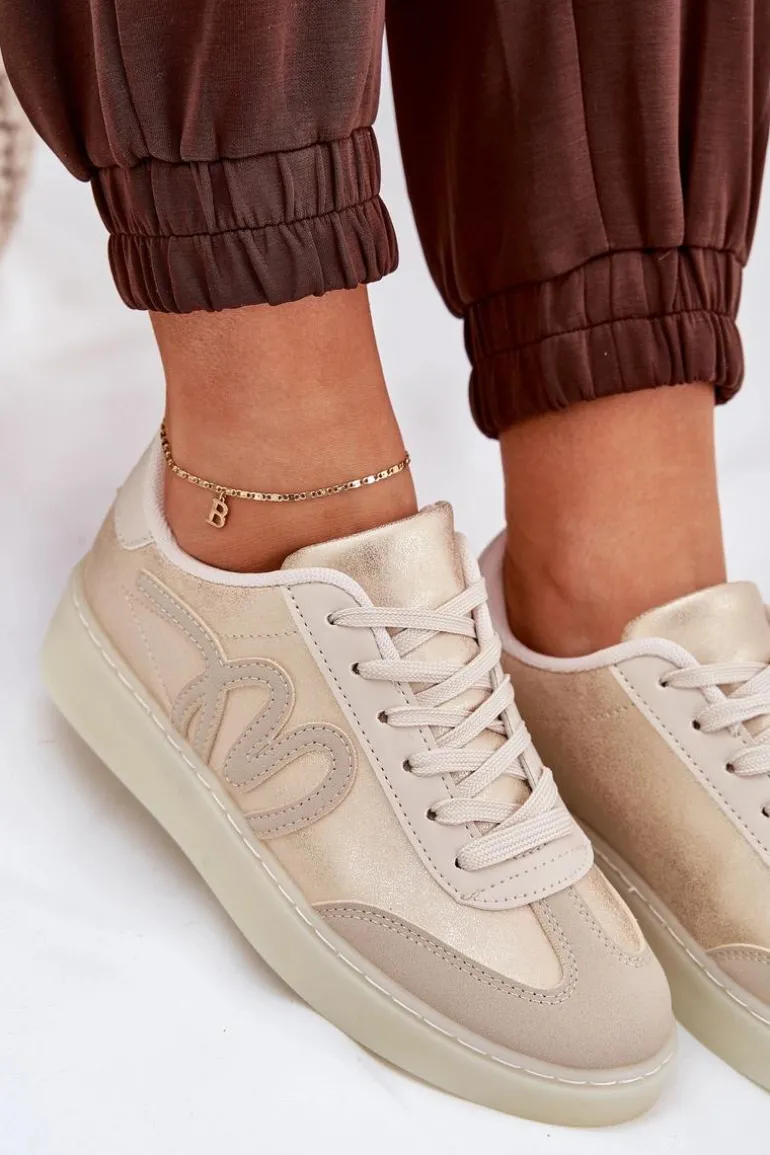 Niskie Buty Sportowe Damskie Z Eko Skóry Złoto-Beżowe Iladira