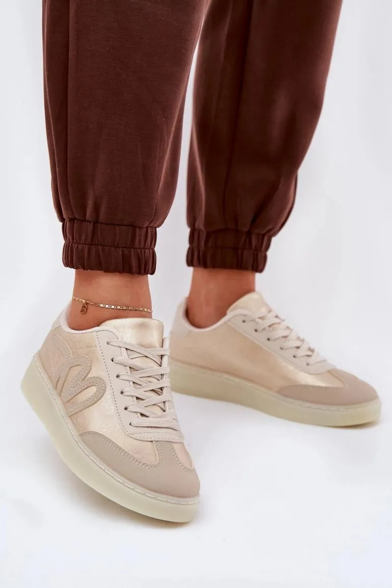 Niskie Buty Sportowe Damskie Z Eko Skóry Złoto-Beżowe Iladira