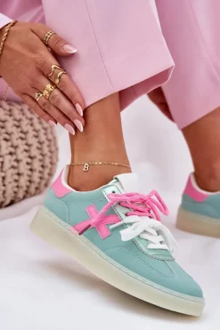 Niskie Buty Sportowe Damskie W Panterkę Miętowo-Różowe Zelevelis