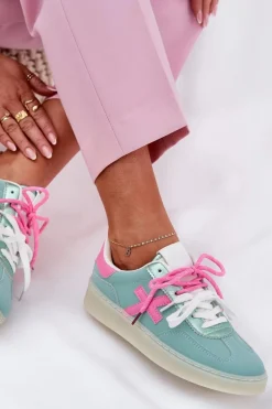 Niskie Buty Sportowe Damskie W Panterkę Miętowo-Różowe Zelevelis
