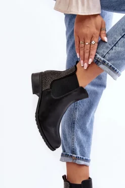 Niskie Damskie Botki Sztyblety Ze Zdobieniem Czarne Donname