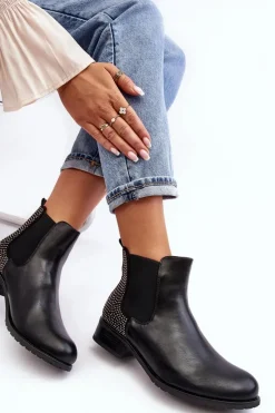 Niskie Damskie Botki Sztyblety Ze Zdobieniem Czarne Donname