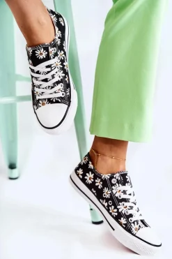Niskie Damskie Trampki W Kwiaty Czarne Janey