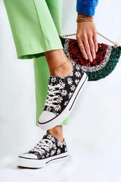 Niskie Damskie Trampki W Kwiaty Czarne Janey