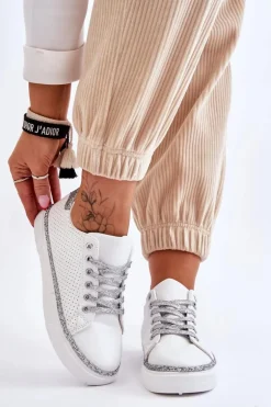 Niskie Damskie Trampki Z Perforacją Biało-Srebrne Daxton