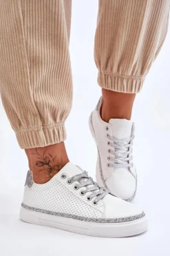 Niskie Damskie Trampki Z Perforacją Biało-Srebrne Daxton