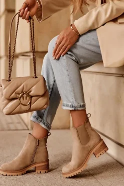 Niskie Klasyczne Zamszowe Botki Sztyblety Beżowe Lalyllis